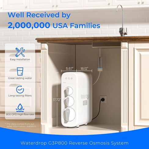Waterdrop G3P800 Reverse Osmosis System, with G3-N1CF Filter, 800 GPD Fast Flow, NSF/ANSI 42 & 53 & 58 & 372 Certified, 3:1 Pure to Drain, Tankless Under Sink RO Water Filter System, Bundle in Kuwait