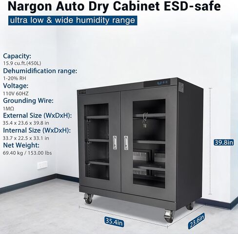خزانة NARGON 1-20% RH 450L الإلكترونية الجافة، خزانة تجفيف ESD لتخزين العدسات البصرية، تجميعات РСВ، الرقاقة، المكونات الإلكترونية، أشباه الموصلات، المواد الكيميائية المخبرية، موديل NMC452CF in Kuwait