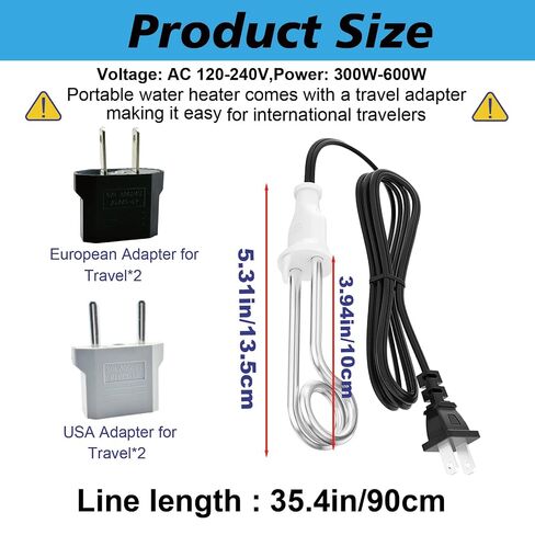 2 Pack Immersion Heater, 300W - 120V/ 600W - 240V Portable Electric Heater, Suitable for Camping Trips, Coffee/Tea/Soup in Kuwait