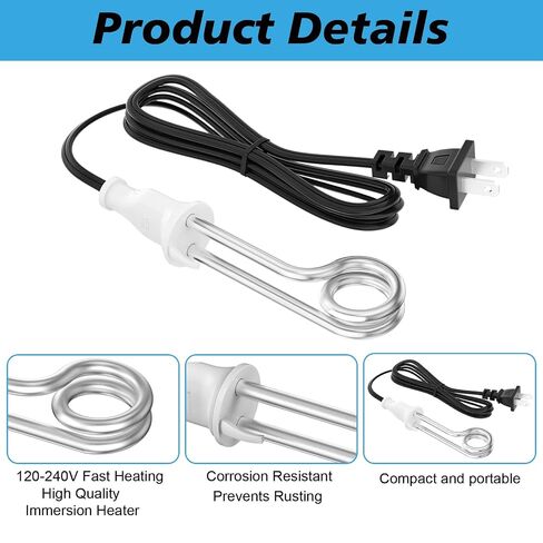 2 Pack Immersion Heater, 300W - 120V/ 600W - 240V Portable Electric Heater, Suitable for Camping Trips, Coffee/Tea/Soup in Kuwait