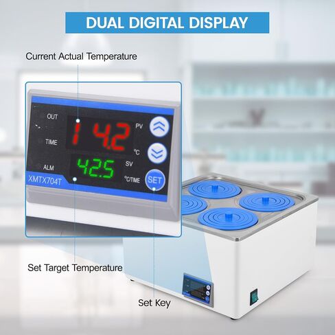 Thermostatic Lab Water Bath, 12L 4-Hole for Lab Experiments | 110V 800W heater has 304 stainless steel tank, dry-burn protection and adjustable timer for steady temperature control in Kuwait