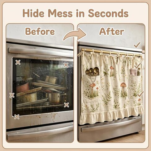 Oven Skirt Curtain, Heat-Resistant Oven Skirt for Door with Pockets, Decorative Mushroom Pattern Oven Curtain, 60x45 cm OvenSkirt for Kitchen Safety and Organization in Kuwait