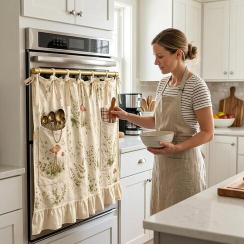 Oven Skirt Curtain, Heat-Resistant Oven Skirt for Door with Pockets, Decorative Mushroom Pattern Oven Curtain, 60x45 cm OvenSkirt for Kitchen Safety and Organization in Kuwait