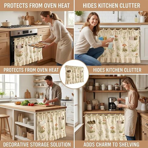 Oven Skirt Curtain, Heat-Resistant Oven Skirt for Door with Pockets, Decorative Mushroom Pattern Oven Curtain, 60x45 cm OvenSkirt for Kitchen Safety and Organization in Kuwait