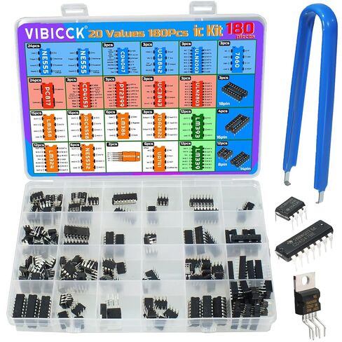 مجموعة شرائح IC مكونة من 180 قطعة و20 شريحة قيمة + 19 قطعة مقابس؛ دوائر متكاملة op amp 555 Timer IC متضمنة NE555، LM358، LM324، LM393، LM339، NE5532، LM386، UA741 (مجموعة ic مكونة من 180 قطعة) in Kuwait