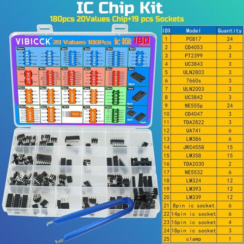 مجموعة شرائح IC مكونة من 180 قطعة و20 شريحة قيمة + 19 قطعة مقابس؛ دوائر متكاملة op amp 555 Timer IC متضمنة NE555، LM358، LM324، LM393، LM339، NE5532، LM386، UA741 (مجموعة ic مكونة من 180 قطعة) in Kuwait