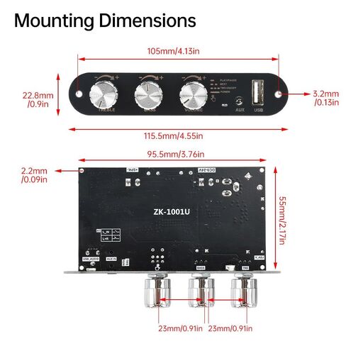 2Pcs ZK-1001U 100W Mono Bluetooth Amplifier Board Module with TPA3116D2, DC9-24V, Bass/Treble Control, TWS Pairing in Kuwait