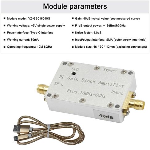 40dB RF Amplifier 10MHz-6GHz High-Gain Driver Amplifier for Receiver Transmitter, SMA Input/Output, Type-C +5V Power Supply in Kuwait