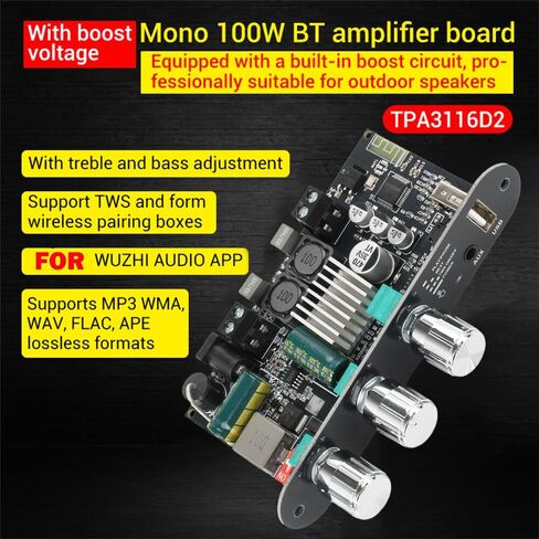 4Pc ZK-1001U 100W Mono Bluetooth Audio Amplifier Module w/ TPA3116D2, DC9-24V, AUX/USB/U-Disk Input, TWS Stereo Pairing in Kuwait