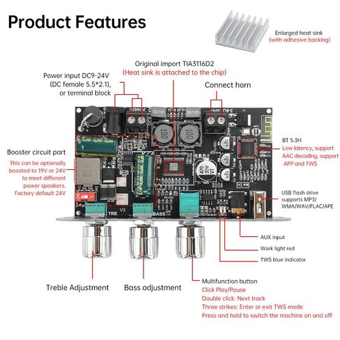 4Pc ZK-1001U 100W Mono Bluetooth Audio Amplifier Module w/ TPA3116D2, DC9-24V, AUX/USB/U-Disk Input, TWS Stereo Pairing in Kuwait