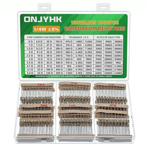100Values 1000PCS Resistor Kit 1/4W 0 Ohm to 5.6M Ohm 5% Carbon Film Resistors Assortment Set in Kuwait