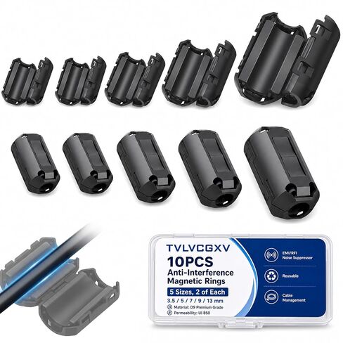 10 Pcs Ferrite Choke Clip-on Set, RFI EMI Noise Suppressor Ferrite Bead for 3.5mm/ 5mm/ 7mm/ 9mm/ 13mm Cables, High Permeability UI 850 Snap on Ferrite Beads for USB Audio Video Cable, Black in Kuwait