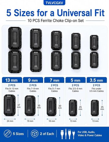 10 Pcs Ferrite Choke Clip-on Set, RFI EMI Noise Suppressor Ferrite Bead for 3.5mm/ 5mm/ 7mm/ 9mm/ 13mm Cables, High Permeability UI 850 Snap on Ferrite Beads for USB Audio Video Cable, Black in Kuwait