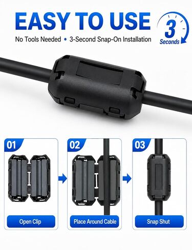 10 Pcs Ferrite Choke Clip-on Set, RFI EMI Noise Suppressor Ferrite Bead for 3.5mm/ 5mm/ 7mm/ 9mm/ 13mm Cables, High Permeability UI 850 Snap on Ferrite Beads for USB Audio Video Cable, Black in Kuwait