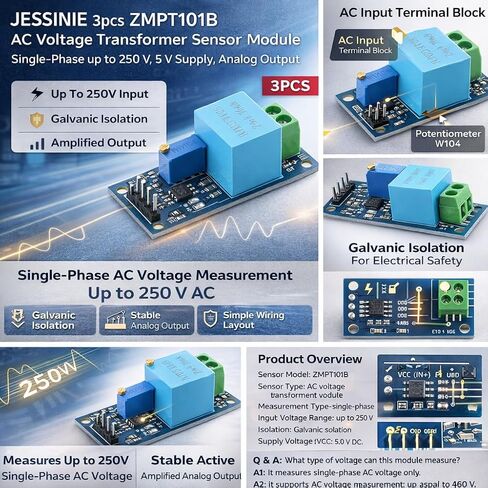 3 قطع ZMPT101B وحدة استشعار محول جهد التيار المتردد، مرحلة واحدة تصل إلى 250 فولت، مصدر 5 فولت، مخرج تناظري in Kuwait