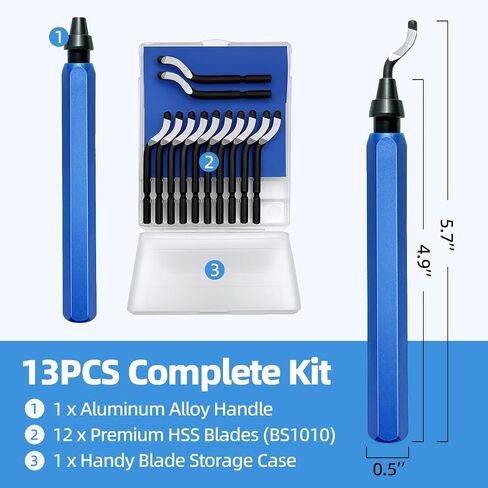 13-Piece Deburring Tool for 3D Printing, 12 M2 HSS Blades & Aluminum Handle, Professional Burr Remover for Metal, Resin, Copper and PVC Pipes - Blue in Saudi Arabia