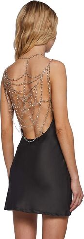 Dolls Kill Reel You in Satin Slip Dress by Widow – Cowl Neck Mini Dress with Chain Straps & Beaded Open Back in Saudi Arabia