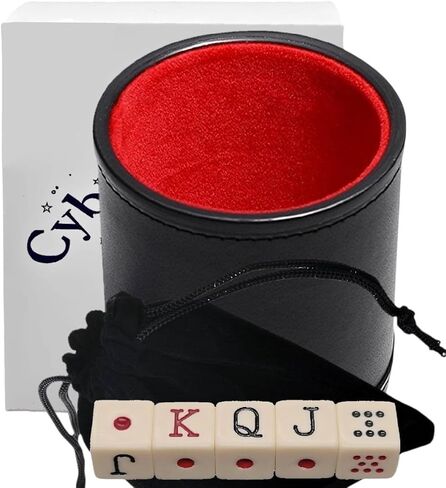 مجموعة Deluxe Cup Cup الإسبانية ، كوب PU Leather Premium مع تقليم قاعدة مقوى ، بطانة ناعمة ملطخة وبطانة عاجية من البوكر الإسباني مع الحقيبة (هدية معبأة) - Cubilete Dados Cubanos Mexicano in Kuwait