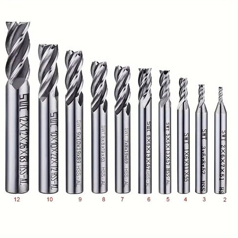 High-Speed Steel End Mill Set, 2-12mm - 4 Flute Spiral Cutter Bits for CNC Lathe & Machining, Straight Shank, for Machinists & DIY Enthusiasts - Ideal for Metalworking & Precision Cutting in Kuwait