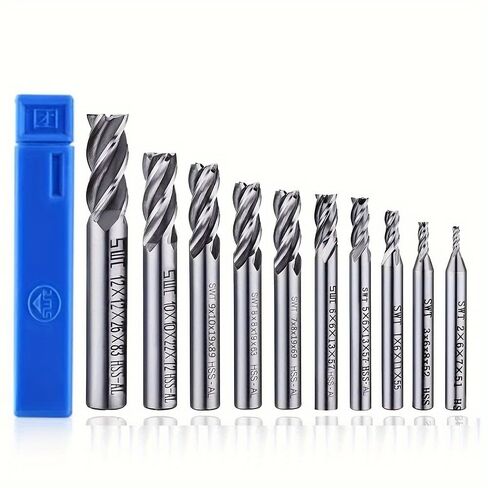 High-Speed Steel End Mill Set, 2-12mm - 4 Flute Spiral Cutter Bits for CNC Lathe & Machining, Straight Shank, for Machinists & DIY Enthusiasts - Ideal for Metalworking & Precision Cutting in Kuwait