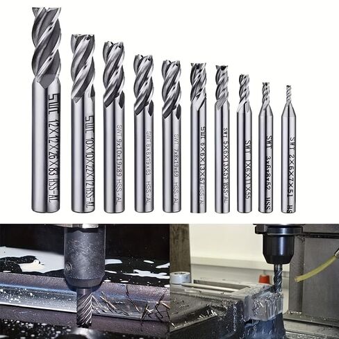 High-Speed Steel End Mill Set, 2-12mm - 4 Flute Spiral Cutter Bits for CNC Lathe & Machining, Straight Shank, for Machinists & DIY Enthusiasts - Ideal for Metalworking & Precision Cutting in Kuwait