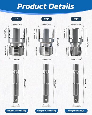 3PCS Pipe Tapping and Threading Tool, 1/2" 3/4" 1" Threading Kit | PVC Plastic Pipe Dual-Function Internal/External Threading Kit, Drill-Driven | Designed for Plumbing Projects and Home Repair in Saudi Arabia