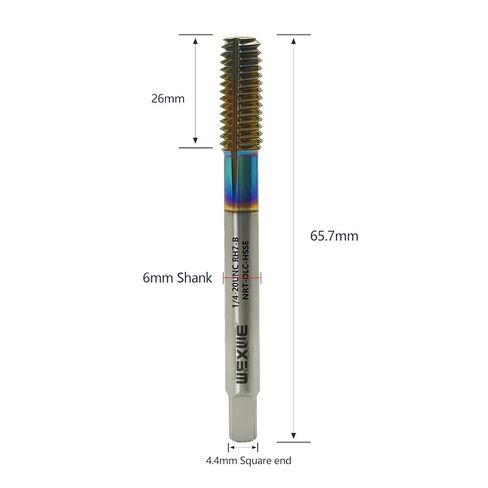 أدوات تشكيل الخيوط الصنابير 1/4-20UNC RH7 طلاء DLC للتنصت على المعادن الفولاذية، لا تحتوي على رقائق، عمر أطول للتنصت، كوبالت فولاذي عالي السرعة (HSSCo)، ساق مستديرة بنهاية مربعة، تحمل RH7 (قطعة واحدة) in Kuwait