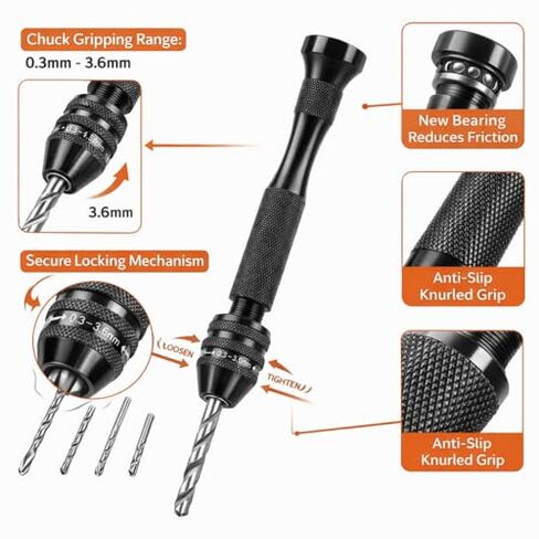 Hand Drill Bits Set,10 HSS Micro Drill Bits Mini Hand Drill Pin Vise, 0.3-3.6mm Chuck Rotary Tool for Jewelry Making Woodworking Resin Stones Craft in Kuwait
