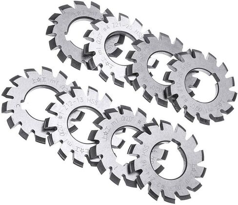 HSS M1 Involute Gear Cutter Set, 8-Piece High-Speed Steel Gear Milling Tools with 22 mm Bore and 20° Pressure Angle, #1-8 Tooth Range Covering 12 to ≥135 Gears for CNC Metalworking Applications in Saudi Arabia