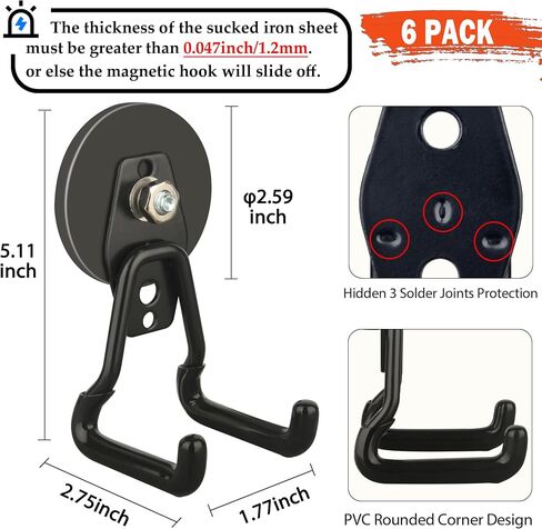 ULIBERMAGNET Upgraded Large Magnetic Hooks,Strong Heavy Duty Magnet Hooks for Power Drill,Broom,Garden Tools, Pegboard, Garage, Workshop, Hardware, 6 Pack Magnet Storage Holder for Hanging(Black) in Kuwait