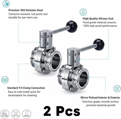 SS304 Stainless Steel Sanitary Quick Connect Tri Clamps Butterfly Valve, Pipe Fitting Beer Milk Pull Handle Valve 2 Pack（1"~2"） (2, 2"Inch=OD50.8mm) in Saudi Arabia