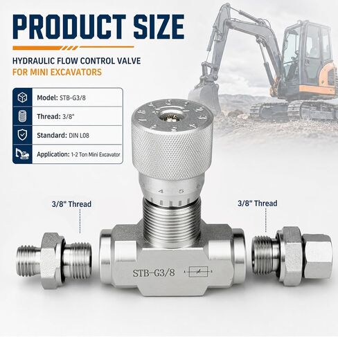 STB‑G3/8 3/8" L08 Hydraulic Flow Control Valve for 1-2 Ton Mini Excavator, Bidirectional Restrictor Valve W/Two-Sided Connectors, Construction Machinery Kit, Carbon Steel in Kuwait
