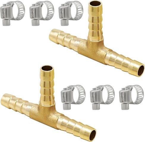 BokWin 2-Pack Brass Tee Barb Fitting، 1/4 بوصة (6 مم) شائك على شكل حرف T مع 6 مشابك من الفولاذ المقاوم للصدأ، تقاطع اتحاد ثلاثي الاتجاهات لخطوط خرطوم الهواء والوقود in Kuwait