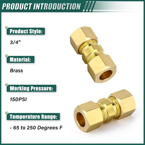 3PCS Brass Compression Union Connector, 3/4" OD x 3/4" OD Pipe Fitting for Oil/Water/Gas in Kuwait