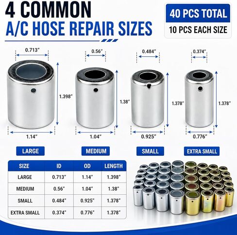 40PCS AC Hose Ferrule Set, #6#8#10#12 Size Iron Air Conditioning Hose Ferrules for Automotive A/C Line, Hydraulic Hose Crimper Fittings with Color & Blue White Zinc Coating, Leak-Proof Coupling in Kuwait