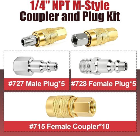 20 قطعة 1/4 بوصة NPT M Style Coupler and Plug Kits متوافقة مع Milton S-210، تتضمن 10 قطع #715 موصلات أنثى، 5 قطع #727 مقابس ذكر و5 قطع #728 مقابس أنثى، ملحقات ضاغط الهواء in Kuwait
