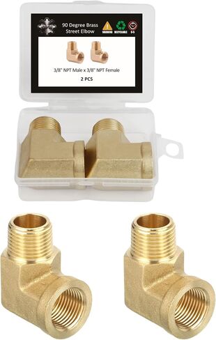 90 Degree Brass Street Elbow, 2-Pack 3/8" NPT Male to Female Pipe Fitting | Heavy Duty Solid Brass Hose Connector, Space-Saving Design, Precision Threads, Leak-Free for Air, Oil, Fuel & Plumbing in Kuwait