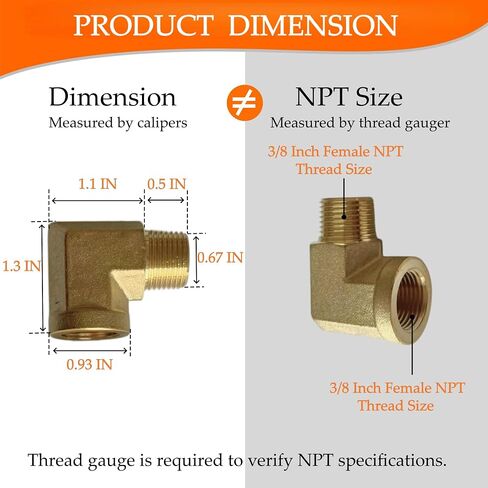 90 Degree Brass Street Elbow, 2-Pack 3/8" NPT Male to Female Pipe Fitting | Heavy Duty Solid Brass Hose Connector, Space-Saving Design, Precision Threads, Leak-Free for Air, Oil, Fuel & Plumbing in Kuwait