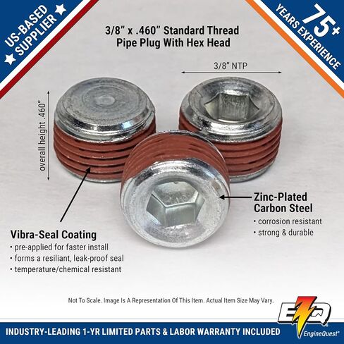 3/8" NPT Pipe Plug, Vibra-Seal Coating, Pack of 10 – Compatible with L4, L6, V6, V8 Automotive Engines or Any Application with 3/8" NPT Threaded Hole | Leak-Proof Seal | Durable Performance in Kuwait