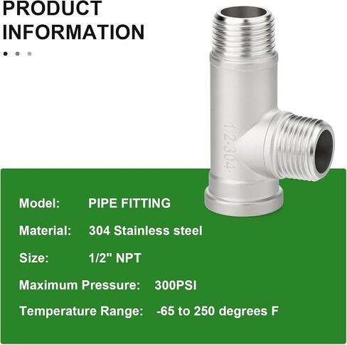 TAISHER 5PCS 304 Stainless Steel Tee Pipe Fittings, 1/2" NPT Female x 1/2" NPT Male x 1/2" NPT Male Extension Pipe Fittings, Female Run Tee in Kuwait