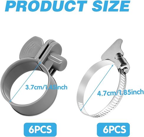 12 Pcs Plastic Hose Clamps for Pool Hose Connector 1 1/4 Inch Adjustable Filter Pump Clips with 6 Metal 304 Throat Straps Replacement Parts for Above Ground Swimming Pools in Kuwait
