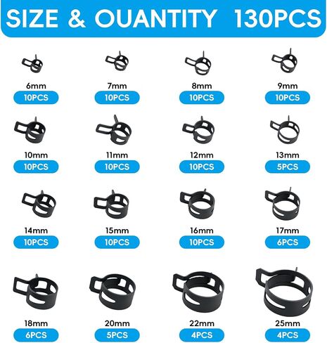 130Pcs 6-25mm Spring Band Hose Clamps With Hose Clamp Plier Assortment Kit，Constant Tension Radiator Hose Clamps，for Fuel Lines, Silicone, Vacuum Hoses，Water Pipe in Kuwait