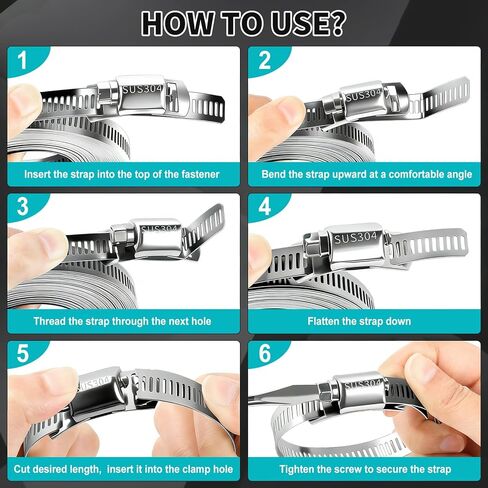 Adjustable Hose Clamps DIY Kit 16 FT, 304 Stainless Steel Metal Clamps Strap + 10 Fasteners, Large Worm Gear Hose Clamps, Pipe Clamp Screw Band Clamp for Auto,Duct, Fuel Line in Kuwait