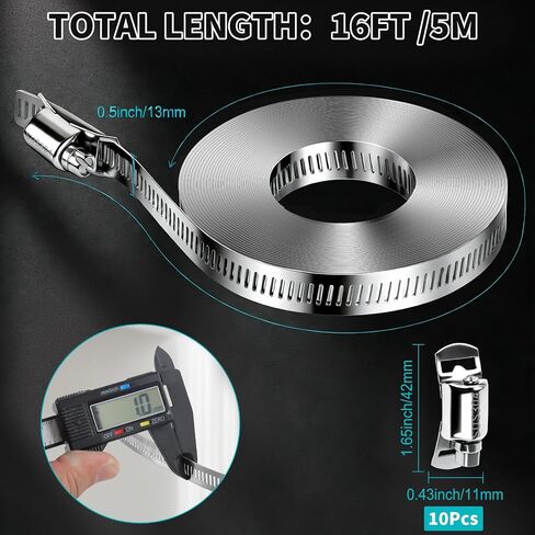 Adjustable Hose Clamps DIY Kit 16 FT, 304 Stainless Steel Metal Clamps Strap + 10 Fasteners, Large Worm Gear Hose Clamps, Pipe Clamp Screw Band Clamp for Auto,Duct, Fuel Line in Kuwait
