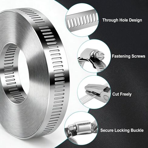 Adjustable Hose Clamps DIY Kit 16 FT, 304 Stainless Steel Metal Clamps Strap + 10 Fasteners, Large Worm Gear Hose Clamps, Pipe Clamp Screw Band Clamp for Auto,Duct, Fuel Line in Kuwait