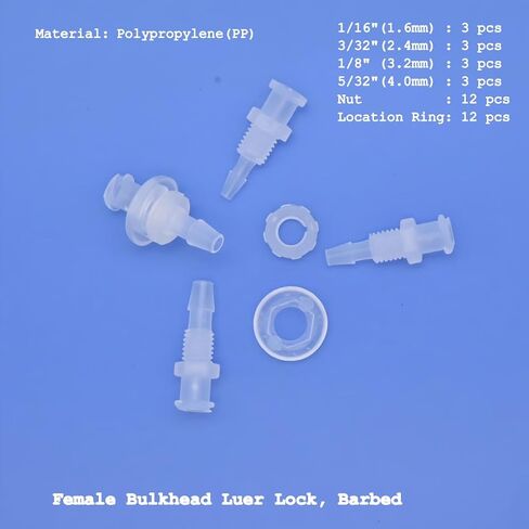 Hynec Polypropylene (PP) Female Bulkhead Luer Lock to Hose Barb Connector Sample Kit, 36-Pack, 1/4-28 UNF, Heat-Resistant & Chemically Inert for Medical/Lab/Food Processing/Chemical in Kuwait