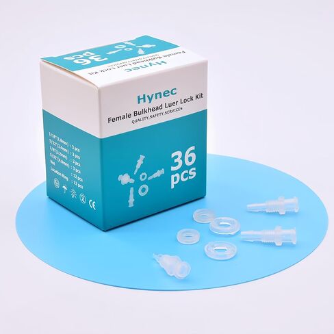 Hynec Polypropylene (PP) Female Bulkhead Luer Lock to Hose Barb Connector Sample Kit, 36-Pack, 1/4-28 UNF, Heat-Resistant & Chemically Inert for Medical/Lab/Food Processing/Chemical in Kuwait