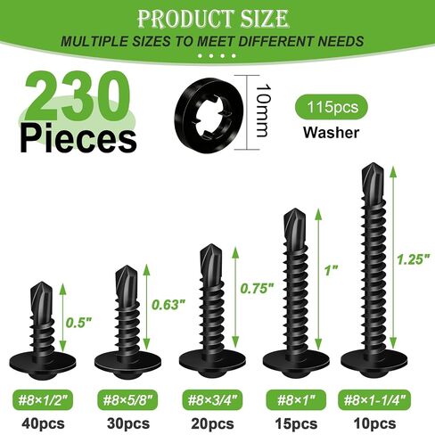 mxuteuk 230PCS #8 Self Tapping Screws for Metal,410 Stainless Steel Self Drilling Screws,1/2",5/8",3/4",1",1-1/4" Truss Head Sheet Metal Screws with Rubber Washers for Metal,Plastic,Wood(115pcs Sets) in Saudi Arabia