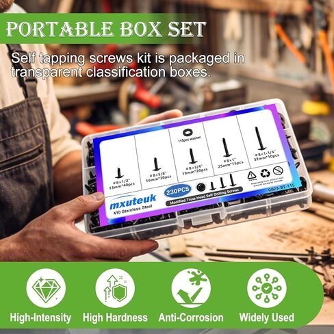 mxuteuk 230PCS #8 Self Tapping Screws for Metal,410 Stainless Steel Self Drilling Screws,1/2",5/8",3/4",1",1-1/4" Truss Head Sheet Metal Screws with Rubber Washers for Metal,Plastic,Wood(115pcs Sets) in Saudi Arabia