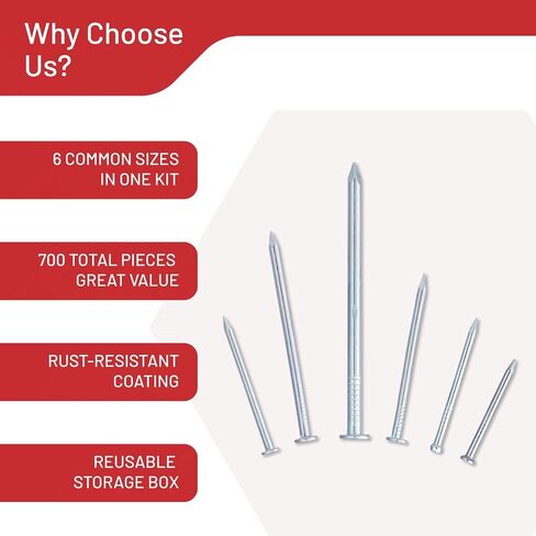 مجموعة متنوعة من أظافر CrimsonMark - 700 قطعة من المسامير الفولاذية المجلفنة عالية الكربون لتعليق الصور وديكور الحائط الفني، تتضمن صندوق منظم مع 6 مقاسات: 3/4 بوصة، 1 بوصة، 1-1/4 بوصة، 1-1/2 بوصة، 2 بوصة و1 بوصة in Kuwait